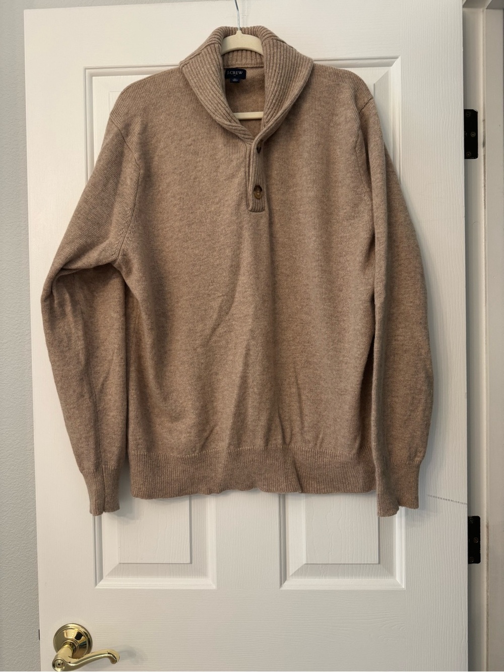 Crew Heather Tan Ribbed Shawl Collar Button Pullover Sweater, XL